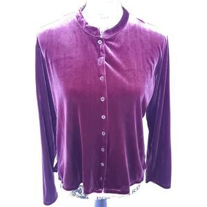 J. Jill Purple Stretch Velvet Button Up Long Sleeve Blouse Top Women's Size M 
